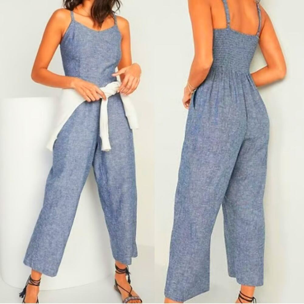 Old Navy Linen Blend Cami Jumpsuit Wide Leg Cropped Womens XL Chambray Blue Gray - Picture 2 of 11